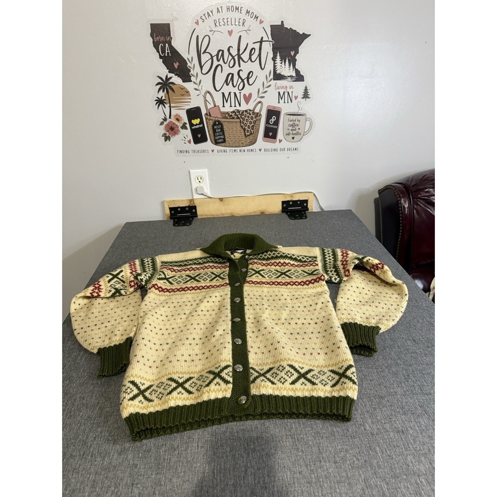 Figgjo Women's Wool Knit Fair Isle Full Button Collared Cardigan Sweater Sz M